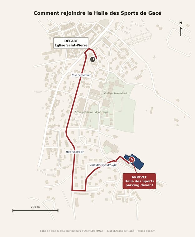 Plan du trajet entre l'église Saint-Pierre et la Halle des Sports de Gacé