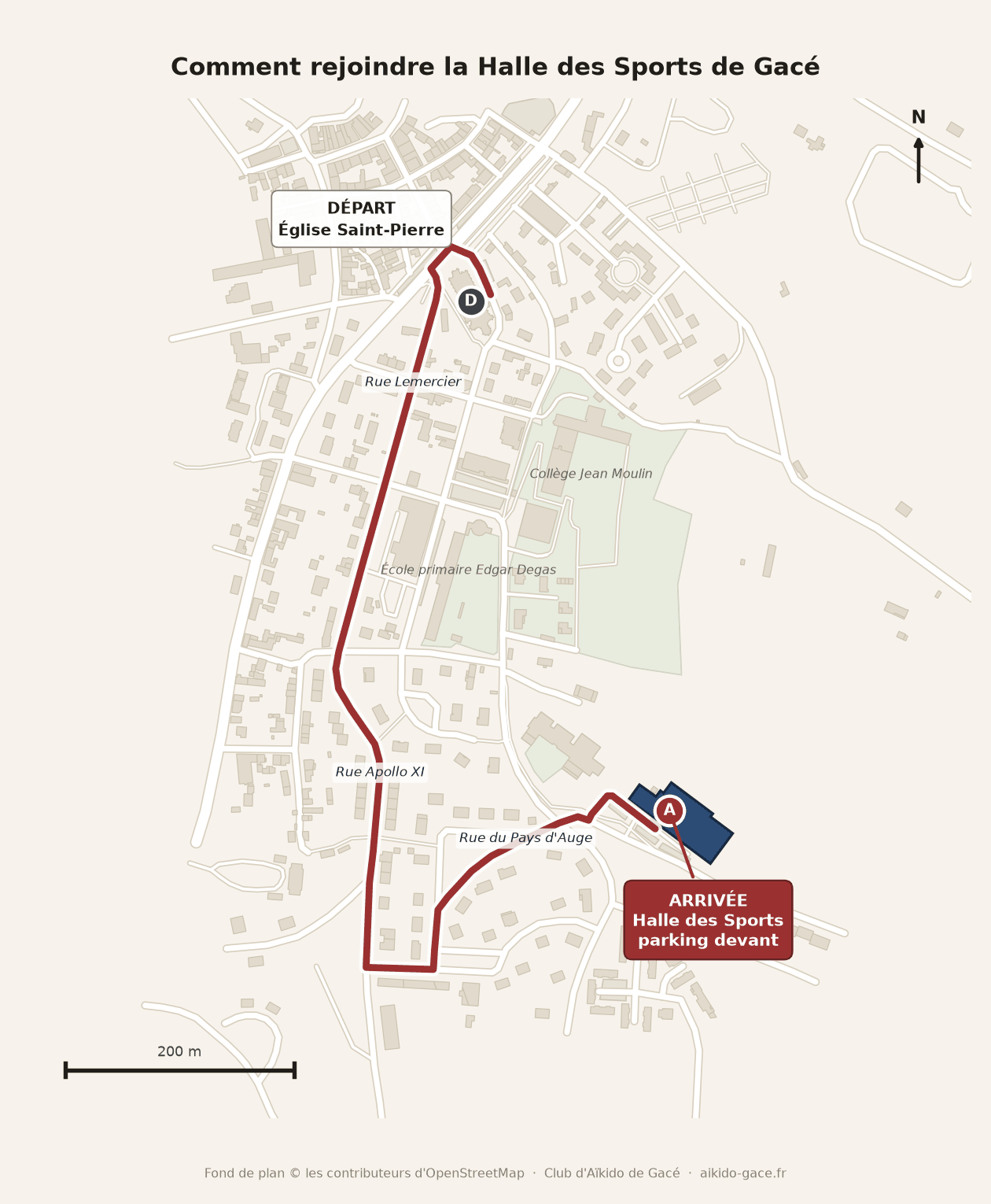 Plan du trajet entre l'église Saint-Pierre et la Halle des Sports de Gacé